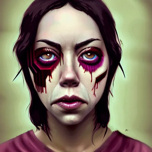 Image similar to color head portrait of aubrey plaza as a really cute zombie, 7 days to die zombie, gritty background, fine art, award winning, intricate, elegant, sharp focus, cinematic lighting, digital painting, 8 k concept art, art by michael hussar, art by brom, art by guweiz and z. w. gu, 8 k