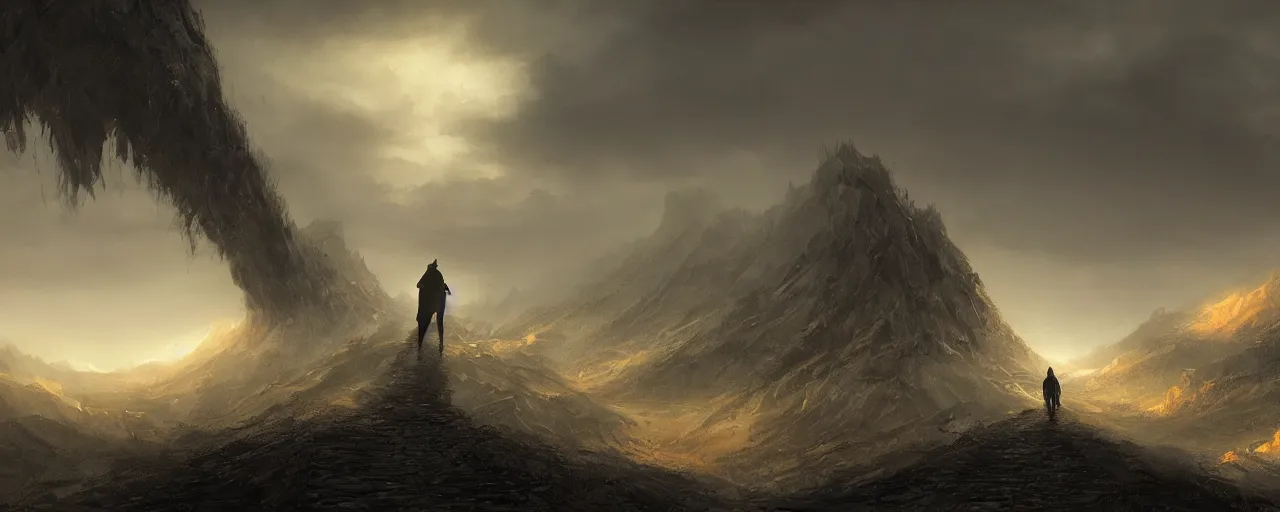 Image similar to a dark wizard as the subject of a landscape artwork where he is walking along an old path leading up to a mountain in the background, the sky is dark and gold, and the mood of this artwork is dull, very detailed concept art, matte painting, digital art, concept art, realistic beautiful, trending on artstation, greg rutkowski