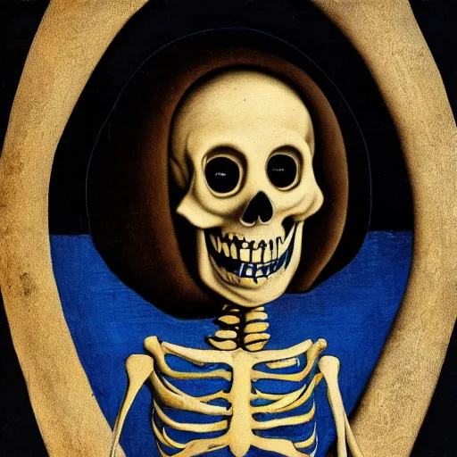 Prompt: smiling skeleton wearing blue puffy jacket, renaissance painting