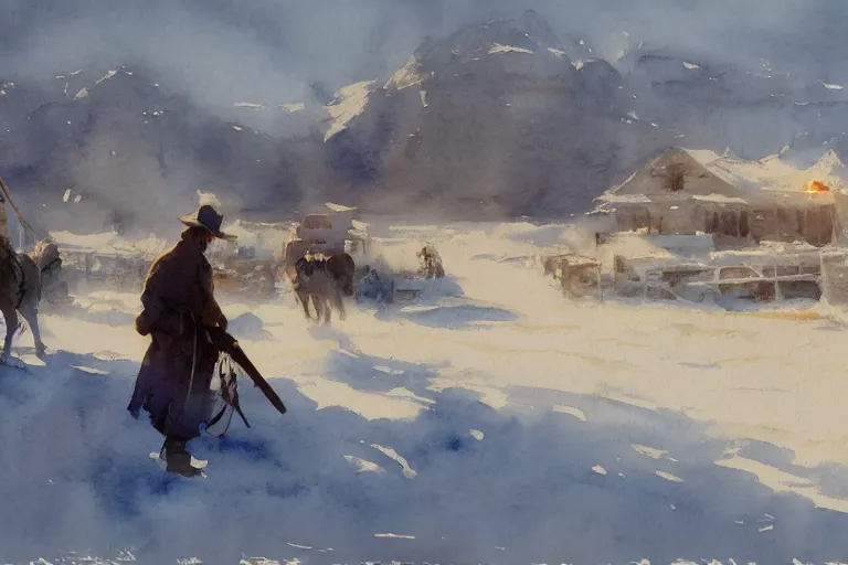 Prompt: small centered on watercolor paper, paint brush strokes, abstract watercolor painting of snow western town, american frontier, midday sharp light, dust, cinematic light, american romanticism by hans dahl, by jesper ejsing, by anders zorn, by greg rutkowski, by greg manchess, by tyler edlin