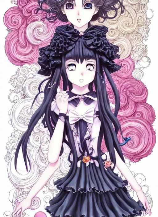 Image similar to manga character design of beautiful cat girl witch with a robot, curls hair, rococo ruffles dress, rosette, symmetrical face, cute, fairy, by kelly mckernan, mai yoneyama, takeshi obata, katsuhiro otomo, detailed background, illustration, artstation, concept art, highly detailed, colorful, maximalist