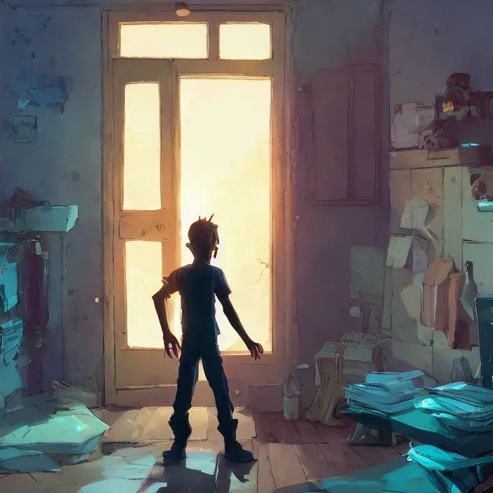 Prompt: a worried person standing in his home in front of the door behance hd artstation by jesper ejsing, by rhads, makoto shinkai and lois van baarle, ilya kuvshinov, ossdraws, that looks like it is from borderlands and by feng zhu and loish and laurie greasley, victo ngai, andreas rocha