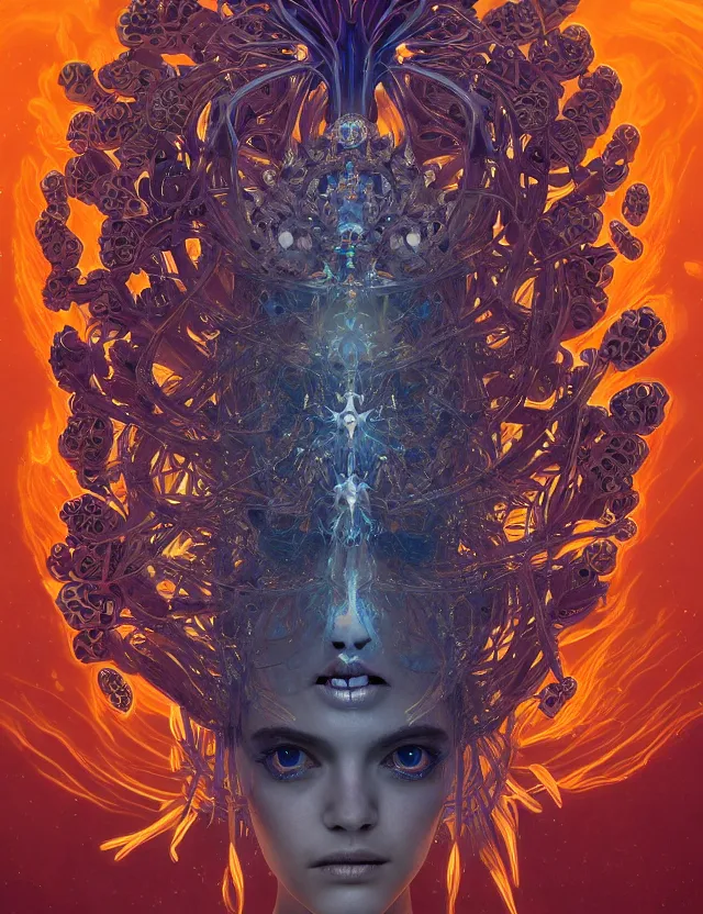 Image similar to symmetrical, centered, goddess close-up portrait wigh crown made of skulls. phoenix betta fish, phoenix, bioluminiscent creature, super intricate ornaments artwork by Tooth Wu and wlop and beeple and greg rutkowski