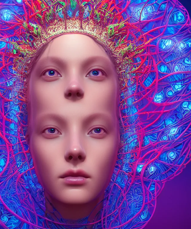 Image similar to symmetrical, centered, close-up portrait of goddess wearing crown made of betta fish, phoenix, bioluminiscent elements, intricate artwork by Tooth Wu and wlop and beeple. octane render, trending on artstation, greg rutkowski very coherent symmetrical artwork. cinematic, hyper realism, high detail, octane render, 8k