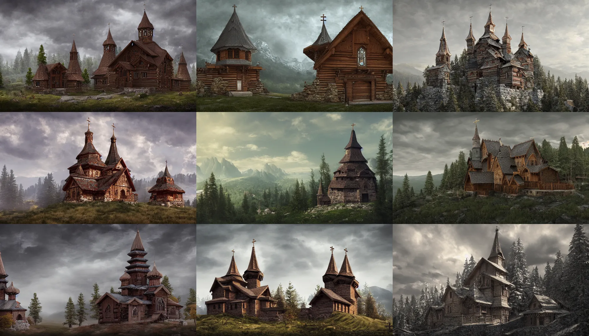 Image similar to tall castle enclosed palisaded, with christian wooden churches and domes on them, log houses built on hills, slavic, russian, slovenian, tartarian architecture, gray skies, hyper - detailed, artstation, cgsociety, 8 k