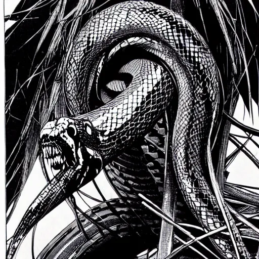 Image similar to A snake looking sinister, by Tsutomu Nihei, highly detailed