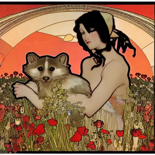 Prompt: a masterpiece painting by mucha exposed at the louvre : black cat cuddling a racoon in a poppy field with a red sunset in the background