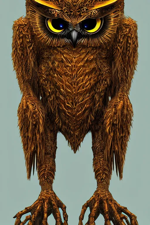 Image similar to humanoid figure owl monster, symmetrical, highly detailed, digital art, sharp focus, amber eyes, trending on art station