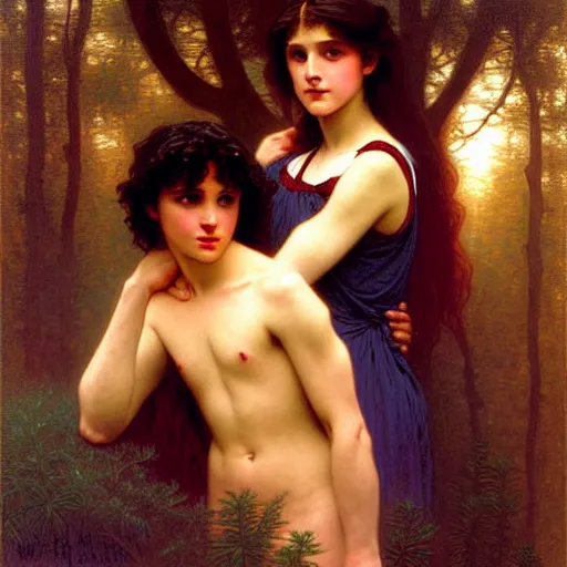 Image similar to twilight version of stranger things, portrait of edward and bella by gaston bussiere in the style of william - adolphe bouguereau, art nouveau