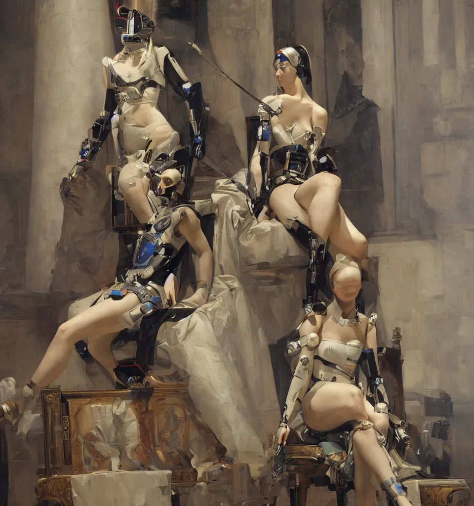 Image similar to splendid tall ingres slavian comtessa cyborg painting, greg rutkowski, on her throne