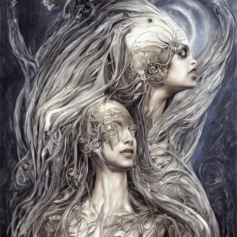 Image similar to beautiful biomechanical moon goddess, flowing hair, intense stare, sweet smile, concept art, realistic oil painting by h. r giger,