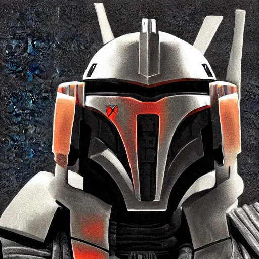 Image similar to a mix between predator and a mandalorian, symmetrical concept art close up