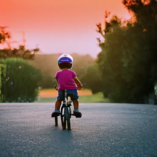 Prompt: a child riding a bike in a Californian driveway at sunset