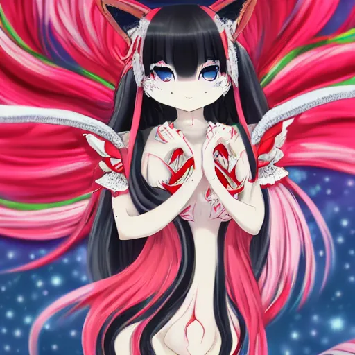 Image similar to kitsune woman nekomimi fancy haircut, full body, intrincate, red and white, glitter, depth of field, 8k, hyper detailed, realistic, trending on artstation