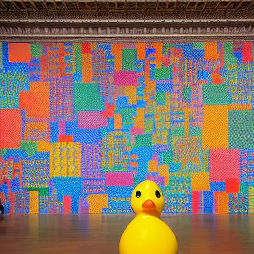 Image similar to wide shot, one photorealistic rubber duck in foreground on a pedestal in an cavernous museum gallery, metropolitan museum of art, the walls are covered with colorful geometric wall paintings in the style of sol lewitt, tall arched stone doorways, through the doorways are more wall paintings in the style of sol lewitt.