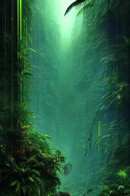 Prompt: a lush jungle arthur haas and bruce pennington and john schoenherr, cinematic matte painting in the style of glitch art, minimal modern pixel sorting, zaha hadid building, photo realism, neon lights, dark moody color palate,