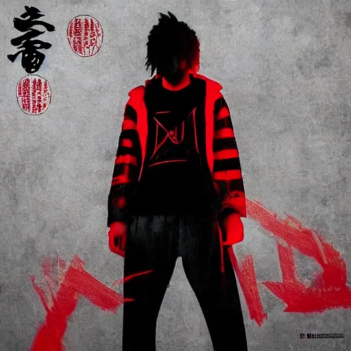 Image similar to random japanese words in the red and black color as scarlxrd album cover