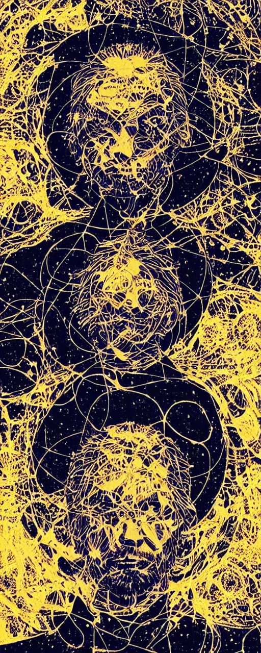 Prompt: disco diffusion portrait of Thom Yorke, on the moon:: cosmic tarot card, intricate fractal details, golden lines, broken reality, fanciful floral mandelbulb, black paper, style of wes anderson