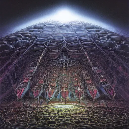 Prompt: a quantum computer, a dark cabal of hooded mystics in long robes gathered in a circular formation around a highly advanced quantum computer processing the spirits of the dead, epic scifi art, dan seagrave art, michael whelan