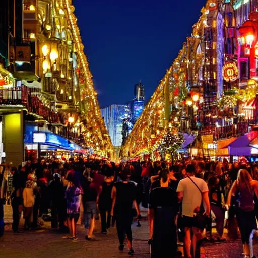 Image similar to glowing diverse groups of humans city nights, from behind, wide angle, elaborate, highly detailed, beautiful lighting