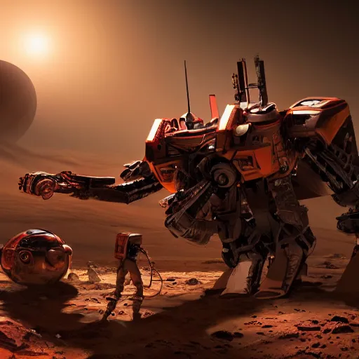 Image similar to mechas in for of mice are invading Mars with laser guns, sharp edges, extreme details, super resolution, stunning, breathtaking, award-winning concept art, extremely dramatic lighting, glowing light and shadow, atmospheric, cinematic, 8K,