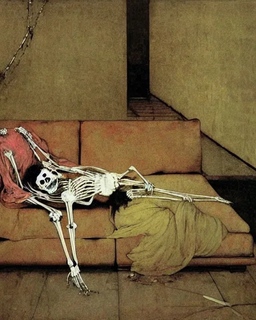 Image similar to a dead couple sitting on an old couch in an old apartment with dog skeleton on floor,  Francisco Goya painting, part by Beksiński and Gerhard Richter. art by Takato Yamamoto, Francis Bacon masterpiece