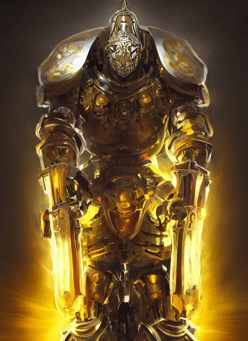 Image similar to dynamic attack position abstract portrait of a intricate glorious holy mechanical warforged character in yellow armor holding a paladin engraved great longsword drawn and carrying a big paladin shield, glowing!!!! eye, face in focus, epic , trending on ArtStation, masterpiece, cinematic lighting, by Ross Tran and by Greg Rutkowski