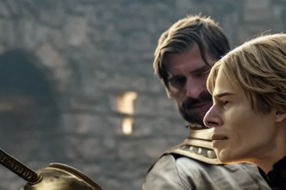 Image similar to very very intricate photorealistic photo of jaime lannister fighting cersei, photo is in focus with detailed atmospheric lighting, award - winning details