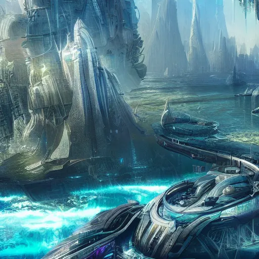 Image similar to a futuristic city surrounded by water and rocks, a detailed matte painting by Stephan Martinière, cgsociety, fantasy art, matte painting, unreal engine 5, unreal engine