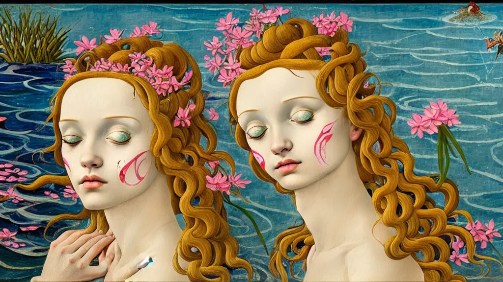 Image similar to prompt: beautiful girl in lake with light up face painted in Botticelli style, nymph in the water, small flowers around and on the side, intricate oil painting, high detail, Neo-expressionism, post-modern gouache marks on the side, gnarly details