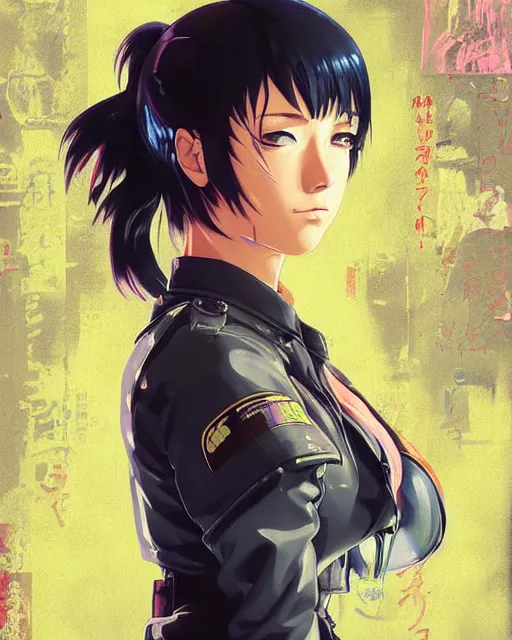 Image similar to police officer girl very very anime!!! fine face, audrey plaza, realistic shaded perfect face, fine details. anime. realistic shaded lighting cyberpunk futuristic neon tattoos styled hair reflective puffy sheen film jacket decorated poster by ilya kuvshinov katsuhiro otomo ghost in the shell magali villeneuve artgerm jeremy lipkin michael garmash rob rey