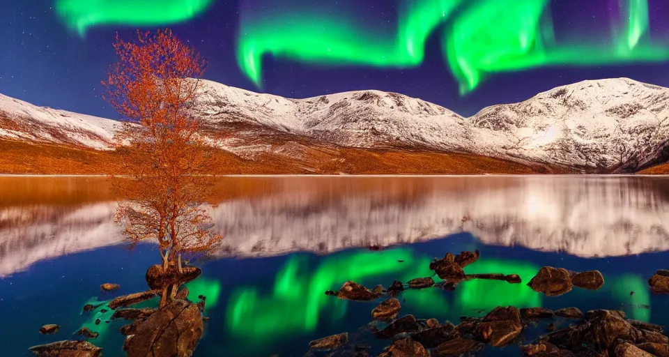 Image similar to a Norwegian fjord surrounded by mountains at night with the northern lights overhead, trees on the mountain sides, completely still mirror water reflecting the surroundings