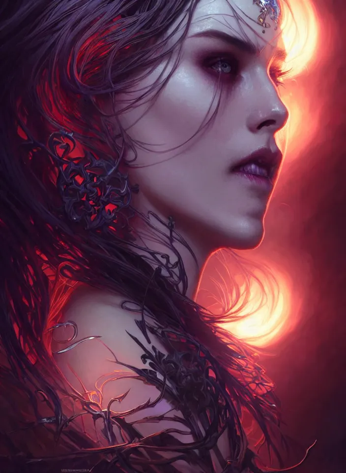 Prompt: Necromancer Sorceress face close-up in center, fantasy magic, undercut hairstyle, dark light night, intricate, elegant, sharp focus, illustration, highly detailed, digital painting, concept art, matte, art by WLOP and Artgerm and Greg Rutkowski and Alphonse Mucha, masterpiece