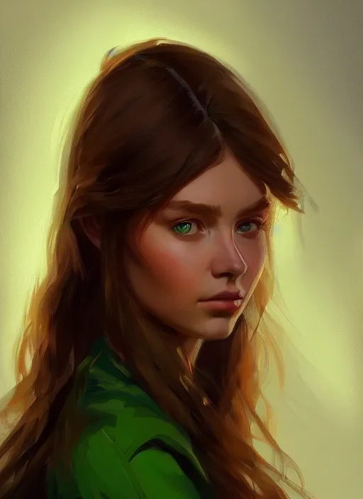 Image similar to portrait of a gorgeous young woman in the style of stefan kostic, green eyes, long brown hair, artstation, concept art