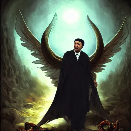 Prompt: recep tayyip erdogan as a devil standing in the front of gates of hell. angel is draped with bones. digital painting. art station. mood lighting. skindness, highly detailed, concept art, intricate, sharp focus, einar jonsson and bouguereau - h 1 2 0 0