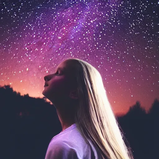 Prompt: “Detailed photo of a white, adolescent girl as seen from the side from the shoulders up. The girl has shoulder-length straight blonde hair and blue eyes. She is looking up slightly at a night sky filled with dazzling stars with a hopeful, awe-filled expression. Illumination from starlight. 4K”
