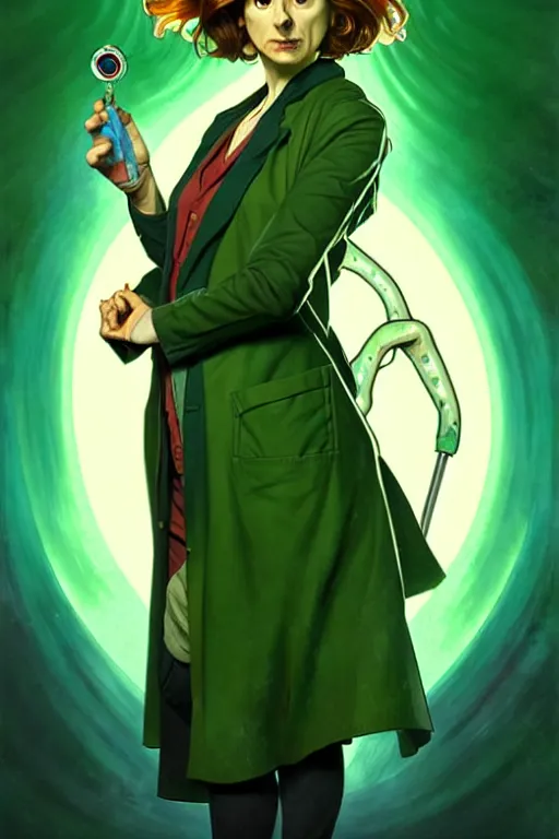 Image similar to doctor who, woman, as a mad dentist, on a plain green background, art by artgerm and greg rutkowski and alphonse mucha