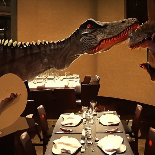 Image similar to dinosaurs dinning at a fancy restaurant