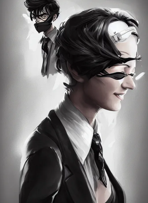 Image similar to a highly detailed illustration of beautiful short black messy haired woman wearing eyepatch!!! and noir style suit and tie, dramatic smiling pose, intricate, elegant, highly detailed, centered, digital painting, artstation, concept art, smooth, sharp focus, league of legends concept art, WLOP