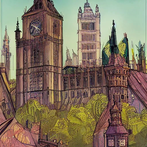 Prompt: tumultuous, expressive by jakub rebelka. the illustration is a beautiful landscape of the houses of parliament in london. the colors are very bright & vibrant, & the scene is very peaceful & serene.