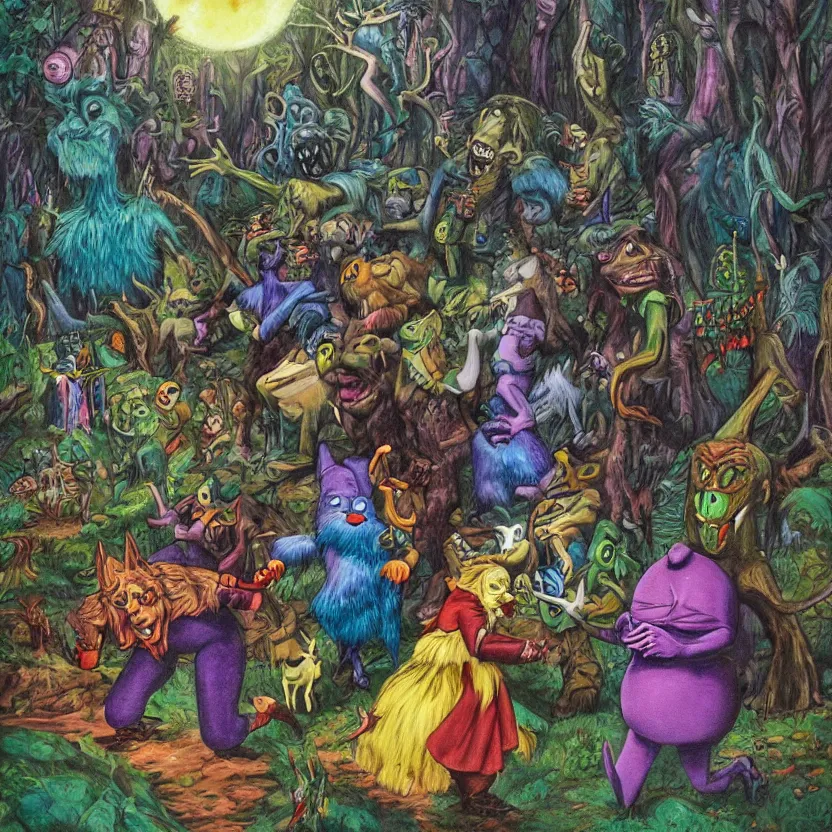 Image similar to a scene of colorful cartoon monsters in the clearing of a dark fantasy forest surrounded by darkness. hyperrealist illustration. muted colors. 1 9 7 0's pulp science fiction and fantasy cartoon for alice in wonderland and wizard of oz. richly colored painting by don ivan punchatz.