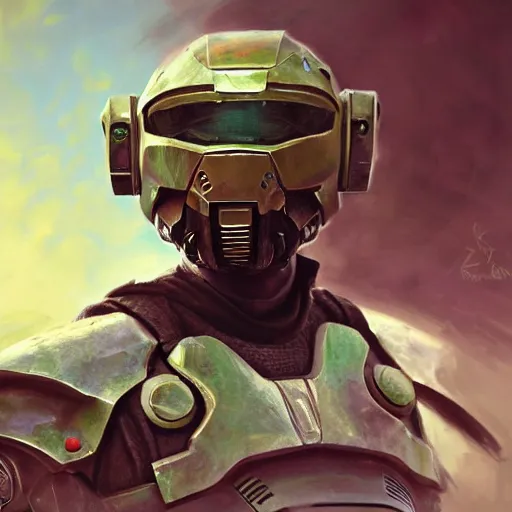 Prompt: realistic Portrait painting of young man as Corrupted Master Chief, made by Thomas Kinkade and Gustave Courbet, physical painting, Sharp focus,digital art, bright colors,fine art, trending on Artstation, unreal engine.