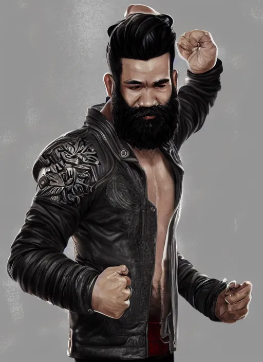 Image similar to a highly detailed illustration of bearded asian man wearing leather jacket with bandaged right hand, focused boxing philly shell stance pose, hands shielding face, intricate, elegant, highly detailed, centered, digital painting, artstation, concept art, smooth, sharp focus, league of legends concept art, WLOP