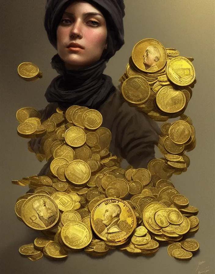 Image similar to dolar bill and gold coins from xix century, highly detailed, digital painting, artstation, concept art, sharp focus, illustration, art by Artgerm, Grafit Studio, and Greg Rutkowski and Craig Mullins