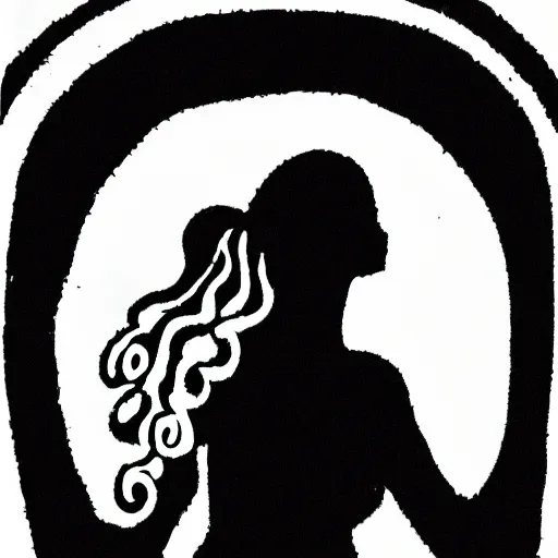 Prompt: a black and white drawing of the silhouette of a woman with long curly in a ponytail hair using a dress