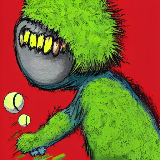 Image similar to a tennis ball monster ,tennis ball, volcano, chalk, digital art, fantasy, magic, trending on artstation, ultra detailed, professional illustration by Basil Gogos
