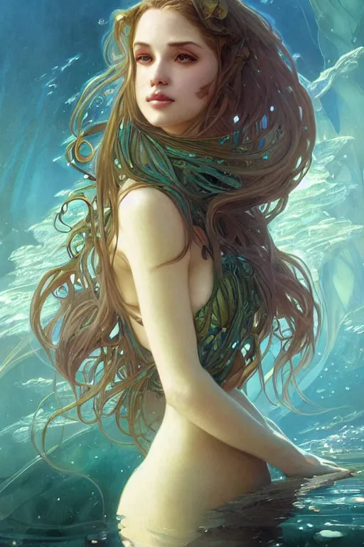 Prompt: portrait of a most beautiful mermaid, seaweed, atlantis, sci-fi, fantasy, intricate, very very beautiful, elegant, highly detailed, digital painting, artstation, concept art, smooth, sharp focus, illustration, art by artgerm and greg rutkowski and alphonse mucha