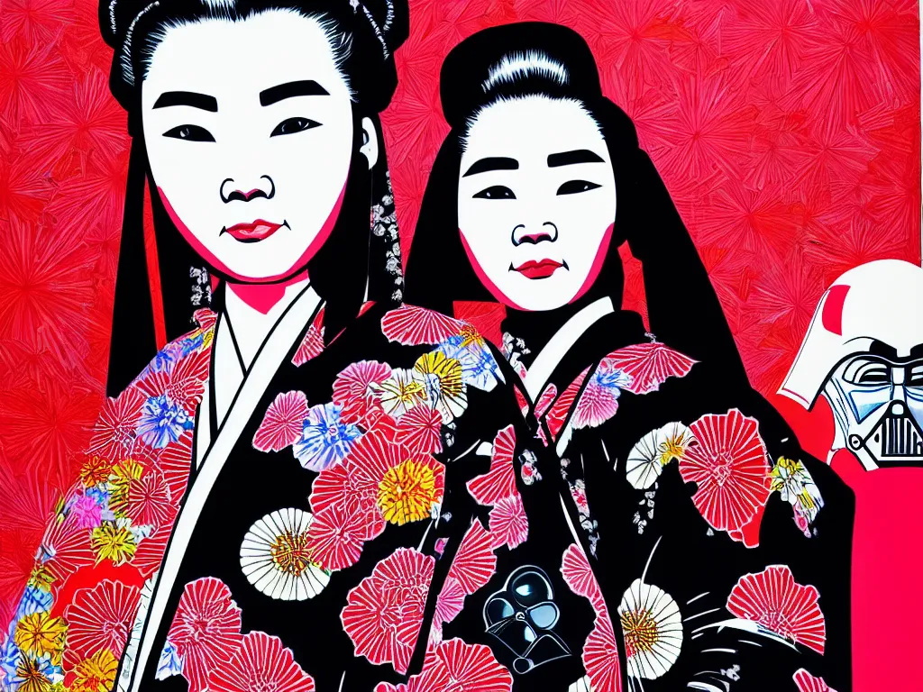 Image similar to hyperrealistic composition of the detailed woman in a japanese kimono sitting at a extremely detailed black jack table with darth vader, fireworks, mountain fuji on the background, pop - art style, jacky tsai style, andy warhol style, acrylic on canvas