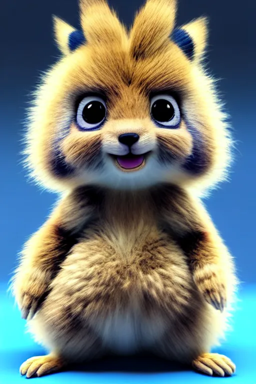 Image similar to high quality 3 d render hyperrealist very cute multicolor fluffy! cyborg!!! quokka hybrid, highly detailed body tech wires, vray smooth, in the style of detective pikachu, hannah yata charlie immer, dramatic blue light, low angle, uhd 8 k, sharp focus