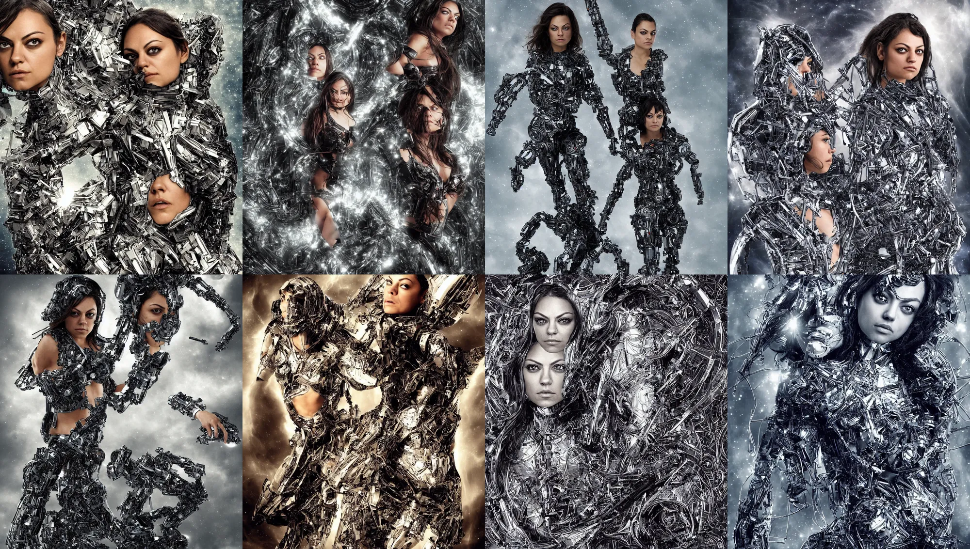 Prompt: opening of the universe's 1 0 th dimension unlocking gravity and momentum, mila kunis cyborg warrior, intricate